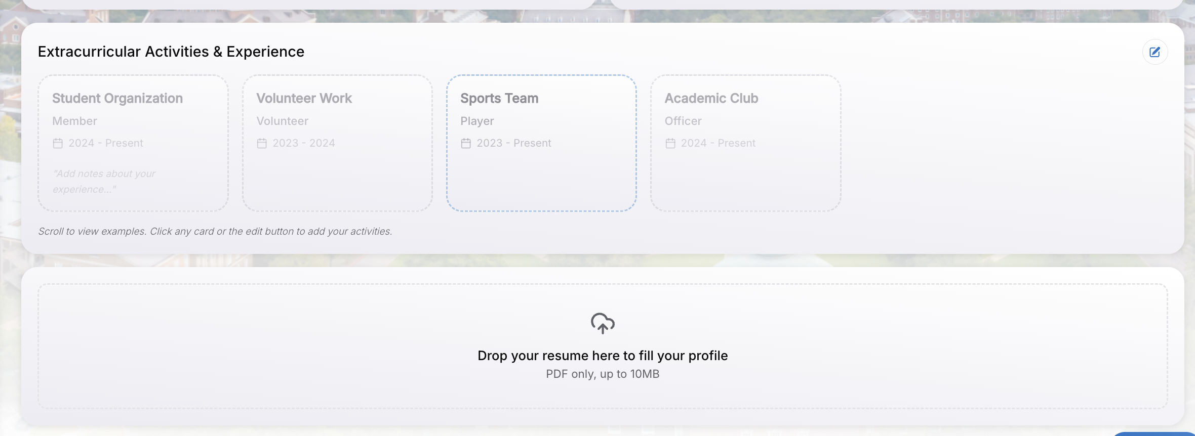 Profile page with resume upload